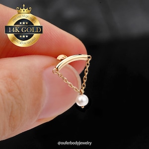 Boucles d'oreilles filetées à l'intérieur avec drapé perlé en or massif 14 carats/boucle d'oreille hélice cachée/tour caché/goujons pendants/chaîne pendante boucle d'oreille délicate/dos plat