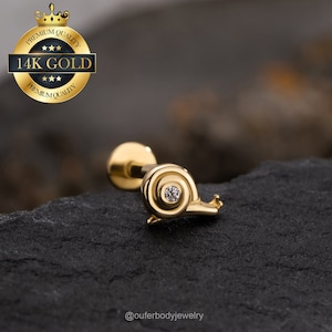 Orecchino a perno senza filettatura a forma di piccola lumaca in oro 14 carati da 16G, 18G e 20G,/orecchino a perno per labret con perno a pressione/orecchino per cartilagine/orecchino per elica/conca/trago/lobo dell'orecchio/orecchino a perno piatto per naso