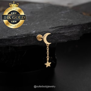 Pendientes colgantes de oro macizo de 14 quilates con forma de luna y estrella, con pasador sin rosca y parte trasera plana, para cartílago, hélix, caracola, trago y lóbulo.
