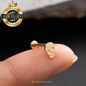 14K Solid Gold Skull Head Threadless Push Pin Labret Stud/Cartilag Earring/Nose/Tragus/Conch/Helix Stud/Flat Back Stud/Medusa Piercing/Gifts