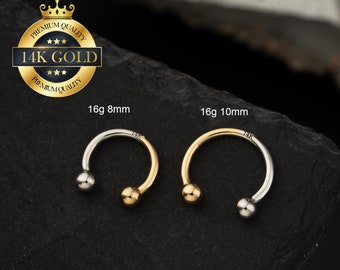 14K Internally Threaded Horseshoe Septum Ring Ball End Half Gold Half White Gold/Daith Earring/Tragus/Helix/Rook/Conch/Eyebrow Piercing Hoop