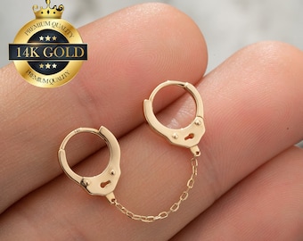 14K Solid Gold Handcuff Hoop Earrings with a Linking Chain/Double Piercing Chain Loop Earring/Cartilage Earring/Stacking Hoop/Small Huggies
