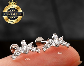 14K White Gold Internally Threaded 16G Climber Cartilage Stud/Inner Conch Stud/Labret Stud/Helix Stud/Tragus Stud/Flat Back Earring/Gifts