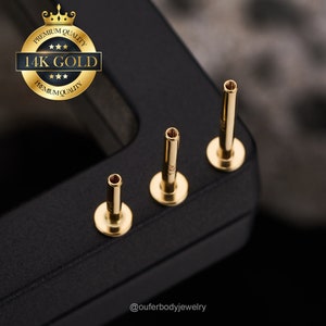 Pernos roscados internos de oro macizo de 14 quilates y 16 g (5, 6, 8 y 10 mm) de repuesto, para labio, parte trasera plana, cartílago, hélix, caracola y trago.