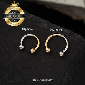 14K Internally Threaded Horseshoe Septum Ring Ball End Half Gold Half White Gold/Daith Earring/Tragus/Helix/Rook/Conch/Eyebrow Piercing Hoop