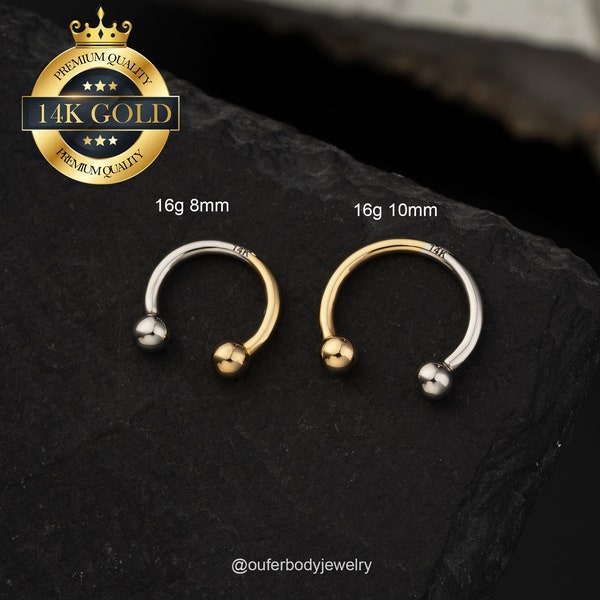 14K filetage interne fer à cheval Septum anneau boule fin demi or demi or blanc/daith boucle d'oreille/tragus/hélice/tour/conque/sourcil piercing cerceau