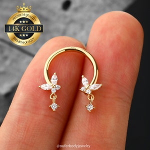 14K Solid Gold Dangle Butterfly Septum Ring/Horseshoe Ring/Daith Earrings/Cartilage Hoop/Septum Jewelry/Helix/Conch/Tragus Hoop/Mother's Day