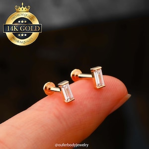 14K Solid Gold Rectangle Cartilage Stud Earrings Internally Threaded/Forward Helix Stud/Conch Stud/Tragus Stud/Square Earring/Flat Back Stud