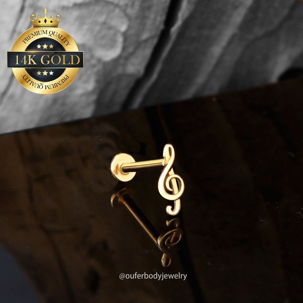 14K Solid Gold Music Note Stud Earring/Threadless Push Pin Labret Stud/Cartilage Earring/Tragus/Nose/Helix/Conch/Earlobe Studs/Gift for her