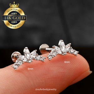 14K White Gold Internally Threaded 16G Climber Cartilage Stud/Inner Conch Stud/Labret Stud/Helix Stud/Tragus Stud/Flat Back Earring/Gifts