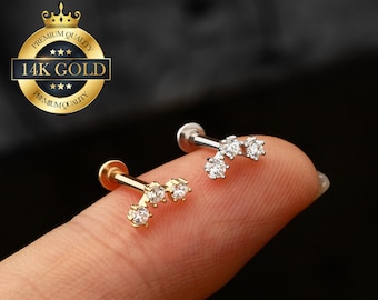 14k Solid Gold CZ Cartilage Flat Back Earring/Threadless Push-In Labret Stud/Nose/Tragus/Conch/Forward Helix Threadless Stud Earring/Gifts