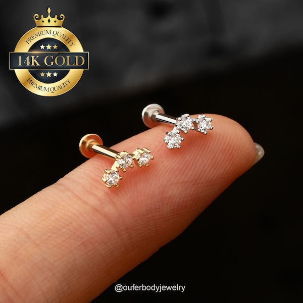 14k Solid Gold CZ Cartilage Flat Back Earring/Threadless Push-In Labret Stud/Nose/Tragus/Conch/Forward Helix Threadless Stud Earring/Gifts