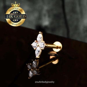 14K Solid Gold 16G Flower CZ Stud Earring/Cartilage Studs/Helix Stud/Tragus Stud/Conch Earring Stud/Tiny Gold Stud/Internally threaded Stud
