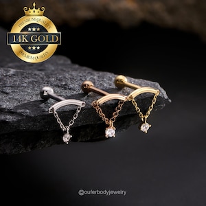14K Solid Gold Dangle Hidden Helix Earrings/Cartilage Piercing/Rook Earring/Conch Stud/Tragus Jewelry/Curved bar piercing/Screw Back Earring