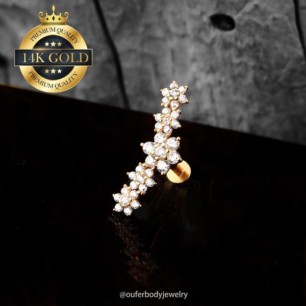 14K Solid Gold Five Flower Interanlly Threaded Stud Earrings/Cartilage Earrings/Conch Stud/Helix Stud/Earlobe Stud/Flat Back Earrings/Gifts