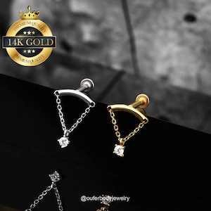 14K Solid Gold Threadless Dangle Hidden Helix Earrings/Cartilage Piercing/Rook Earring/Conch Stud/Tragus/Earlobe Flat back Stud 16g,18g,20g