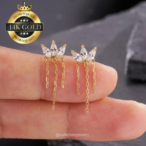 1 boucle d'oreille sans filetage avec couronne de lotus en or massif 14 carats/goujon de cartilage/goujon à l'arrière plat avec épingle/hélice/conque/tragus/goujon du lobe de l'oreille/cadeaux