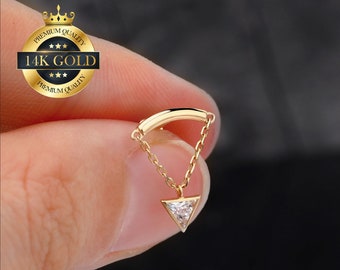 14K Solid Gold Dangle Triangle Internally Threaded Stud Earring/Cartilage Stud/Hidden Helix/Hidden Rook/Drop Chain Dainty Earrings/Flat Back
