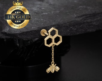 14K Solid Gold Bee & Honeycomb THREADLESS Dangle Stud Earring/Cartilage Stud/Push Pin Back/Helix/Conch/Tragus/Earlobe Flat Back Earring/Gift