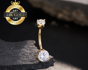 14K Solid Gold ronde CZ navel ring/navel sieraden/buik piercing/gebogen barbell/navel ring/navel piercing/buik sieraden/cadeau voor haar