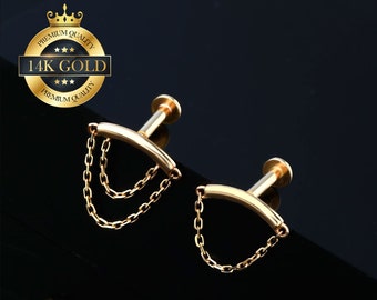 14K Solid Gold Double/Single Chain Drape Internally threaded Stud Earring/Hidden Helix Earrings/Rook Piercing/Cartilage Stud/Flat Back Stud