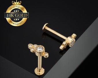 14K Solid Gold Bezel CZ Threadless Push Pin Labret Stud/Nose/Tragus/Cartilage/Conch/Helix/Earlobe Flat Back Earrings/Threadless end/Gifts