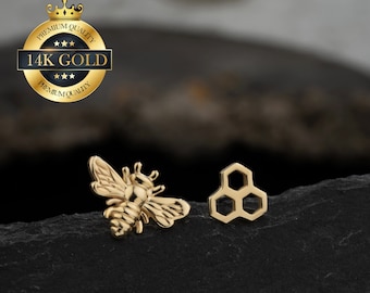 14K Solid Gold Bee & Honeycomb THREADLESS Cartilage Earring/Push Pin Labret Stud/Helix/Conch/Tragus/Earlobe Flat Back Earring/Gift for her