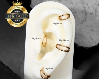 14K Solid Gold Double Nose Hoop 16G 18G 14G/Cartilage Hoop/Helix Earring/Septum Jewelry/Conch/Tragus/Daith/Rook Hinged Hoop Clicker 6-12mm