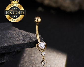 10K Solid Gold baumeln Herz Bauchnabel Ring/Nabel Schmuck/Geschwungene Barbell/Nabel Piercing/Nabel Ring/Bauch Bar/Nabel Piercing/Geschenk für Sie