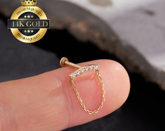 14K Solid Gold CZ Threadless Dangle Helix Earrings/Cartilage Piercing Push In/Rook Earring/Conch/Tragus/Earlobe Flat back Stud 16g,18g,20g