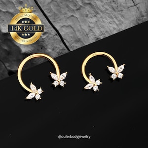 14K Solid Gold Butterfly Septum Ring/Horseshoe Ring/Daith Earrings/Cartilage Hoop/Septum Jewelry/Helix/Conch/Tragus Hoop/Minimalist Earrings