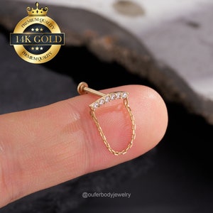 Boucles d'oreilles pendantes hélicoïdales sans filetage CZ en or massif 14 carats/piercing cartilage poussoir/boucle d'oreille tour/conque/tragus/lobe d'oreille plat 16 g, 18 g, 20 g