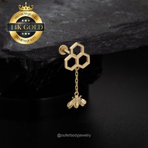 14K Solid Gold Bee & Honeycomb THREADLESS Dangle Stud Earring/Cartilage Stud/Push Pin Back/Helix/Conch/Tragus/Earlobe Flat Back Earring/Gift