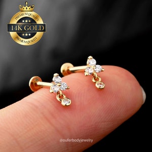 1PCS 14K Gold Trinity Flower Dangle Cartilage Stud/Threadless Push Pin Labret/Nose/Tragus/Conch/Helix Piercing/Drop Earrings/Flat Back Stud