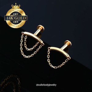 14K Solid Gold Double/Single Chain Drape Internally threaded Stud Earring/Hidden Helix Earrings/Rook Piercing/Cartilage Stud/Flat Back Stud