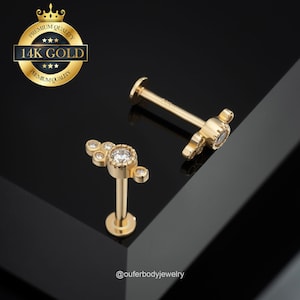 Pendientes de oro macizo de 14 quilates con bisel de circonita cúbica, sin rosca, para labio, nariz, trago, cartílago, caracola, hélix y lóbulo de la oreja, con parte trasera plana, sin rosca, para regalo.
