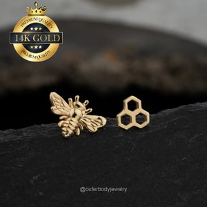Orecchino per cartilagine senza filetto a forma di ape e nido d'ape in oro massiccio 14 carati/orecchino per labret con perno a pressione/orecchino piatto per elica/conca/trago/lobo dell'orecchio/regalo per lei
