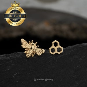 14K Solid Gold Bee & Honeycomb THREADLESS Cartilage Earring/Push Pin Labret Stud/Helix/Conch/Tragus/Earlobe Flat Back Earring/Gift for her