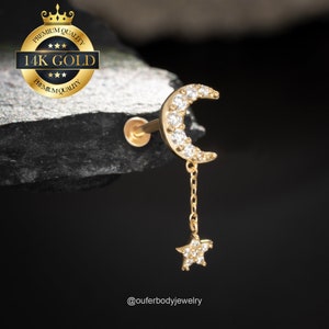 14K Moon Star Dangle CZ Kolczyki ze sztyftem/Bezgwintowa szpilka z płaskim tyłem/Chrząstka/Helisa/Muszla/Tragus/Płatek ucha Kolczyki/Delikatne kolczyki