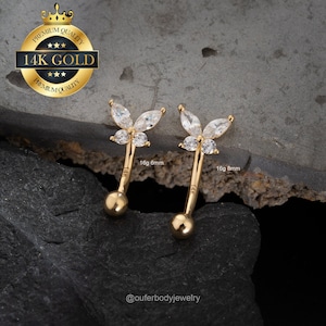 14K Solid Gold Schmetterling Augenbraue Ring/16G Turm Ohrring/Vertikal Labret/Curved Barbell/Knorpel Ohrring/Turm Piercing/Augenbraue Schmuck/Geschenke