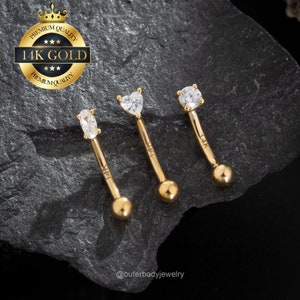 Piercing para ceja de oro macizo de 14 quilates con circonita cúbica redonda, de corazón y ovalada, barra de torre, arete de torre, labio vertical, piercing para ceja, joyería para cartílago, barra curva.