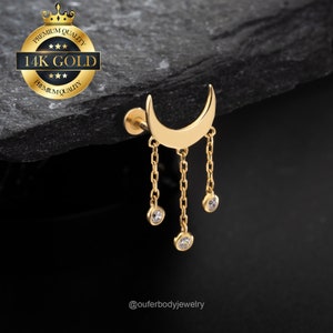 14K Solid Gold Moon Dangling CZ Cartilage Earring/Threadless Push Pin Flat Back Stud/Helix/Conch/Tragus/Earlobe Stud/Dainty Earrings/Gifts