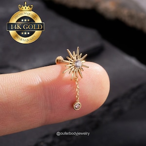 Pendiente colgante de oro macizo de 14 quilates con diseño de girasol para cartílago, con pasador a presión sin rosca y parte trasera plana, para hélix, caracola, trago y lóbulo de la oreja, delicado, regalo.