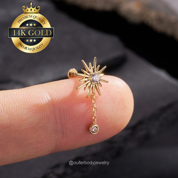 14K Solid Gold Sun Flower Dangling Cartilage Earring/Threadless Push Pin Flat Back Stud/Helix/Conch/Tragus/Earlobe Stud/Dainty Earrings/Gift