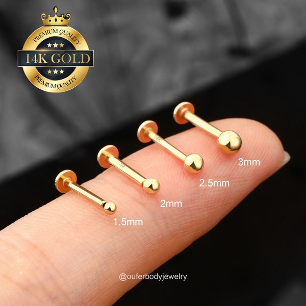 14K Solid Ball Threadless Push In Labret Earrings/Tiny Gold Flat Back Stud/Threadless Ends/Nose/Tragus/Cartilage/Conch/Forward Helix Studs