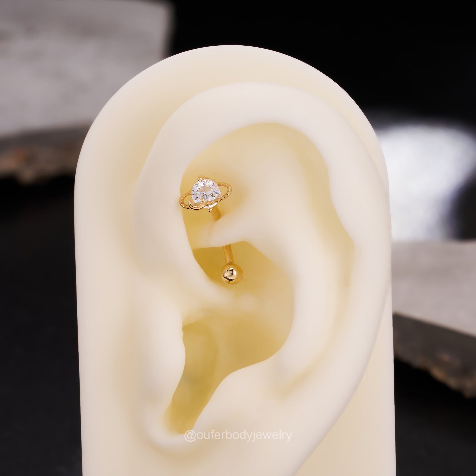 14K Solid Gold Planet Rook Earring/eyebrow Ring/rook Barbell/curved ...