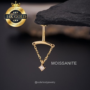Moissanite 14K Solild Gold Vertical Dangle Stud Earring/Hidden Helix Piercing/Cartilage Stud/Internal threaded/Hidden Rook Drop Earring/Gift