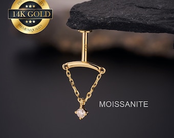 Moissanite 14K Solild Gold Vertical Dangle Stud Earring/Hidden Helix Piercing/Cartilage Stud/Internal threaded/Hidden Rook Drop Earring/Gift