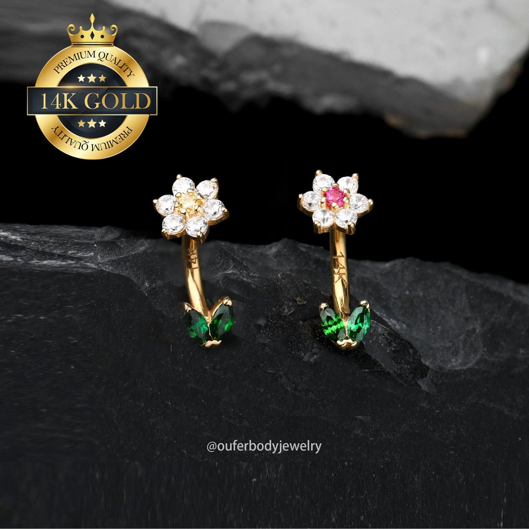 14K Solid Gold Flower Curved Barbell/green Leaf Cartilage Earring/16g ...