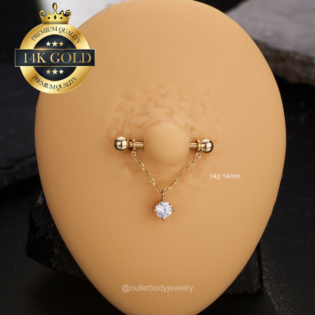 A Pair 14K Solid Gold Nipple Chain/dangle Nipple Rings/nipple